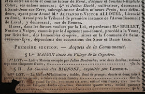 1834 France St. Jean-sur-Evre affichette Vente par Licitation