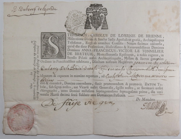 1761 France Toulouse ordination de Dubarry de la Prade