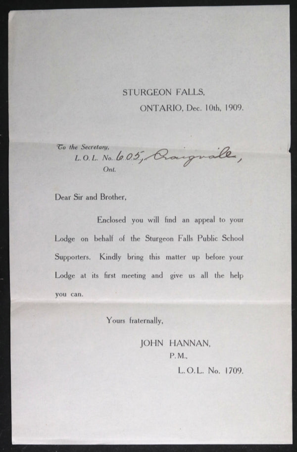 1909 Canada Sturgeon Falls ON Loyal Orange Lodge – education $