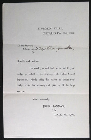 1909 Canada Sturgeon Falls ON Loyal Orange Lodge – education $