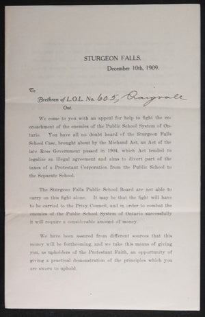 1909 Canada Sturgeon Falls ON Loyal Orange Lodge – education $