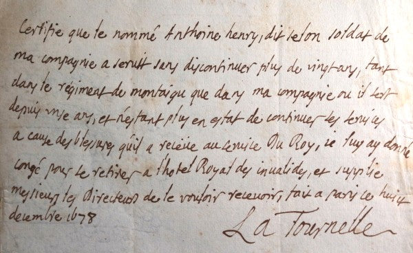 1678 Paris demande d’admission aux Invalides pour soldat Garde du Roi Louis XIV