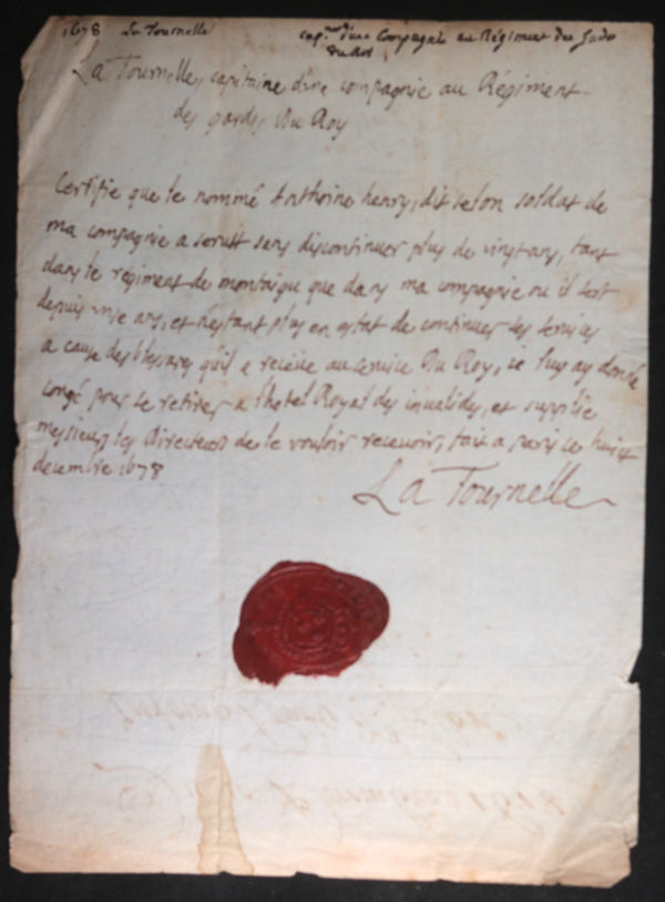 1678 Paris demande d’admission aux Invalides pour soldat Garde du Roi Louis XIV