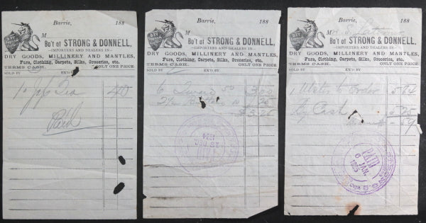 1885-86 Canada Barrie ON Strong & Donnell general store receipts 