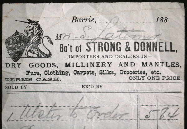 1885-86 Canada Barrie ON Strong & Donnell general store receipts 