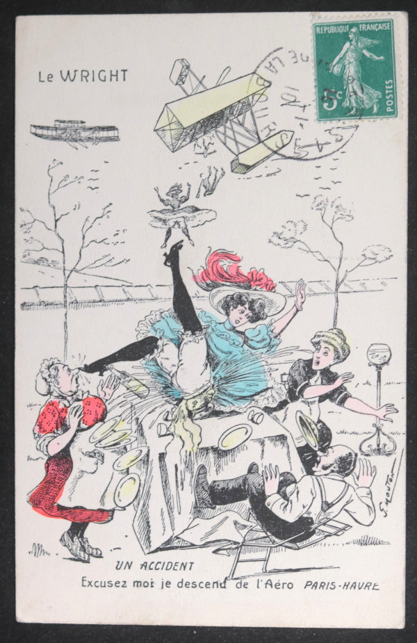 1910 France carte postale humoristique, femme tombe biplan Wright