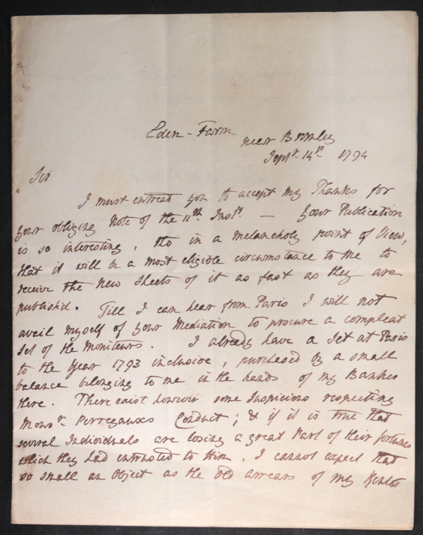 1794 UK letter Lord Auckland to French émigré royalist journalist Peltier