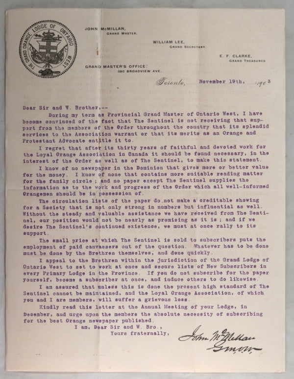 1908 letter Grand Orange Lodge Ontario West, Sentinel newspaper