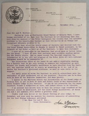 1908 letter Grand Orange Lodge Ontario West, Sentinel newspaper