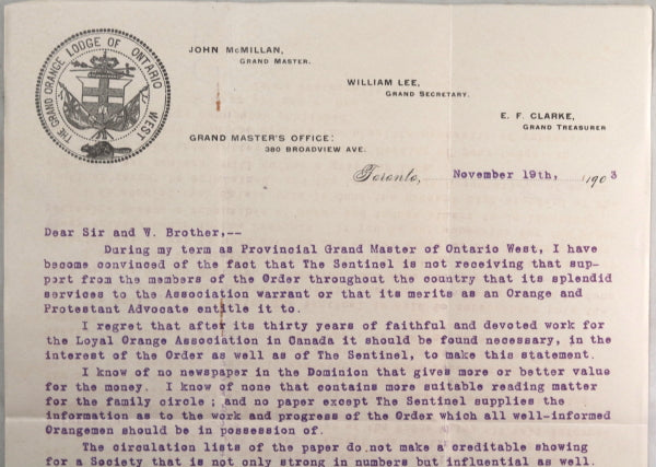 1908 letter Grand Orange Lodge Ontario West, Sentinel newspaper