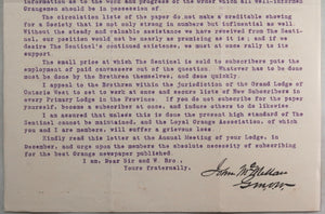 1908 letter Grand Orange Lodge Ontario West, Sentinel newspaper