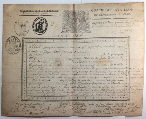 1796 France Révolution Nantes congé absolu 4e bataillon de l’Orne 