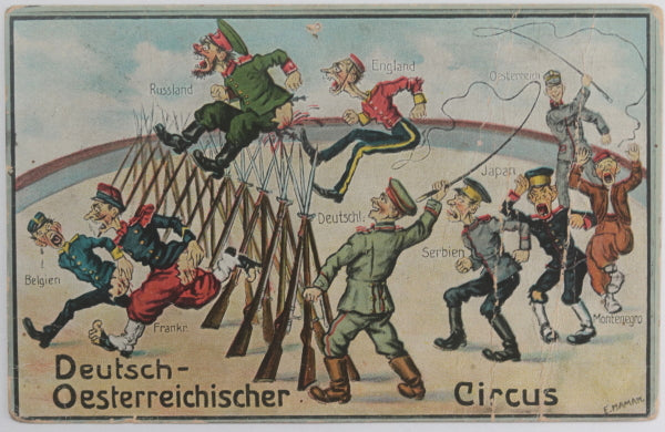 1914 WW1 German patriotic postcard, satire allied nations