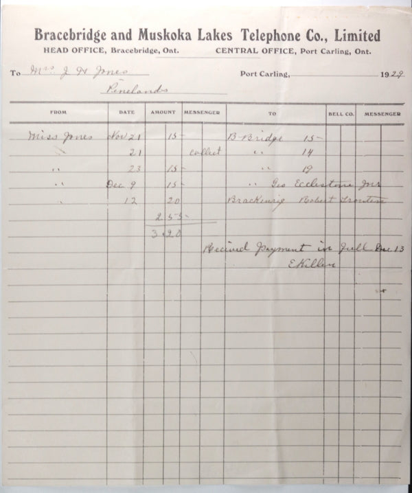 1929 Canada bill Pinelands resort Bracebridge &Muskoka Lakes Telephone