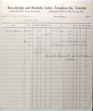 1929 Canada bill Pinelands resort Bracebridge &Muskoka Lakes Telephone