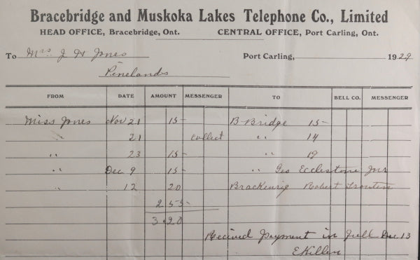 1929 Canada bill Pinelands resort Bracebridge &Muskoka Lakes Telephone