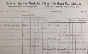 1929 Canada bill Pinelands resort Bracebridge &Muskoka Lakes Telephone