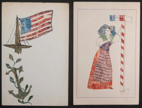 c. 1919 France Guerre 14-18 carte postales images timbres découpés.