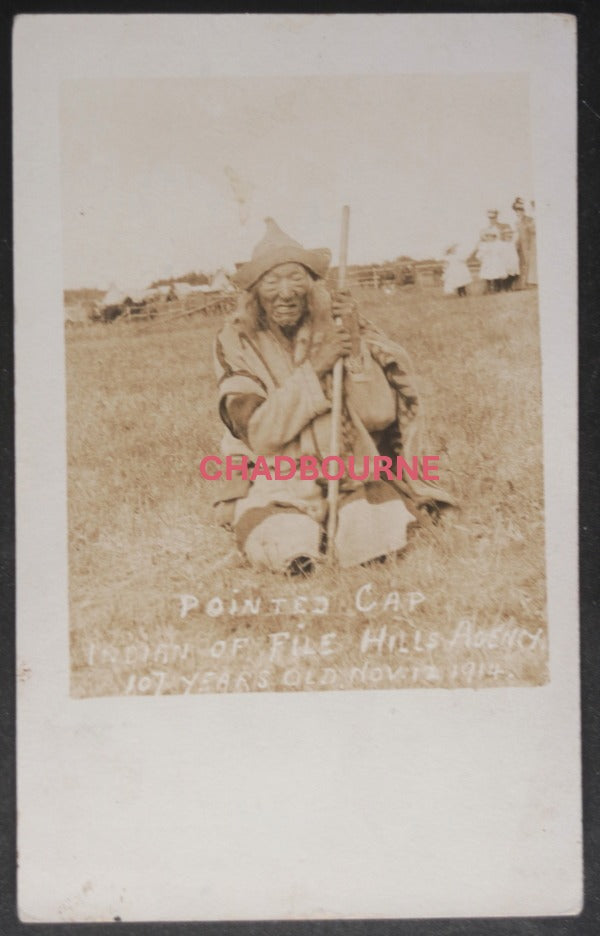 1914 Canada Sask. photo postcard 107 y.o. Pointed Cap Cree elder