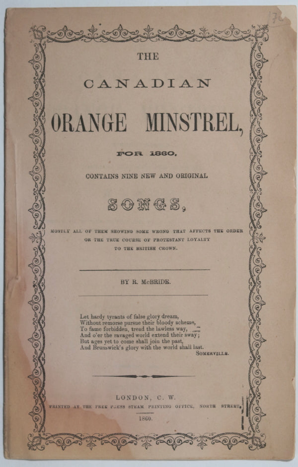 1860 Canada political pamphlet “The Canadian Orange Minstrel” McBride