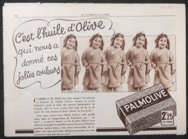 c. 1930s France magazine Palmolive advertising Dionne Quints Canada