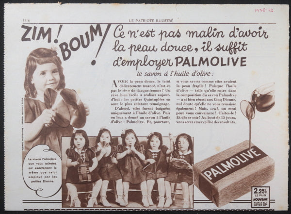 c. 1930s France magazine Palmolive advertising Dionne Quints Canada