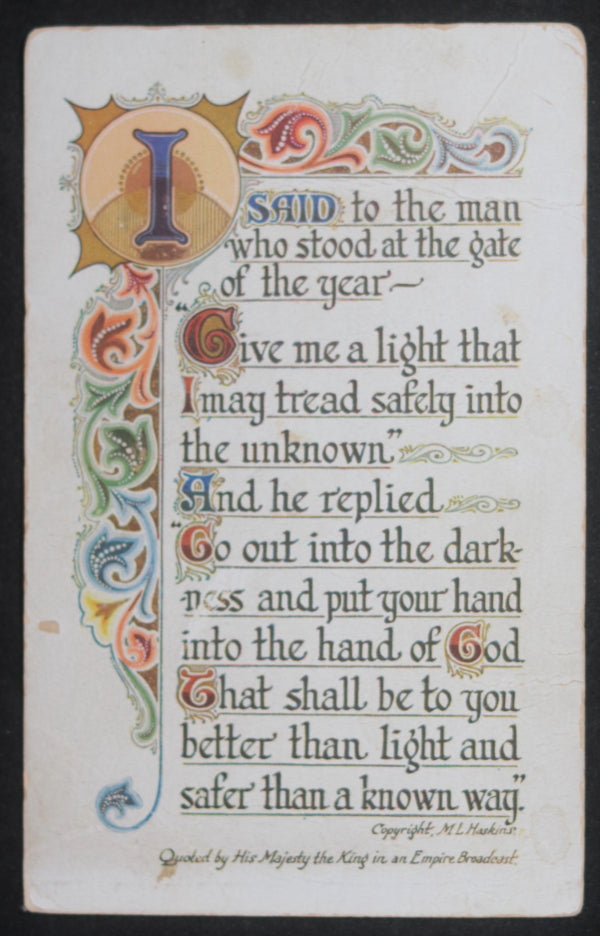 UK WW2 inspirational poem postcards quoted by George VI 1939