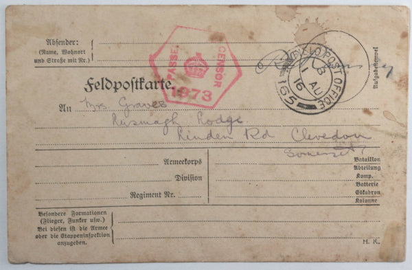 1916 German Fieldpostcard, found and sent home by UK soldier 