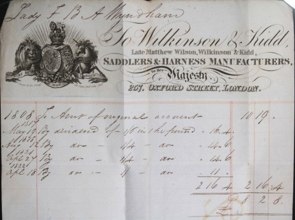 1831 UK London letterhead Wilkinson & Kidd Saddlers, Lady Wyndham