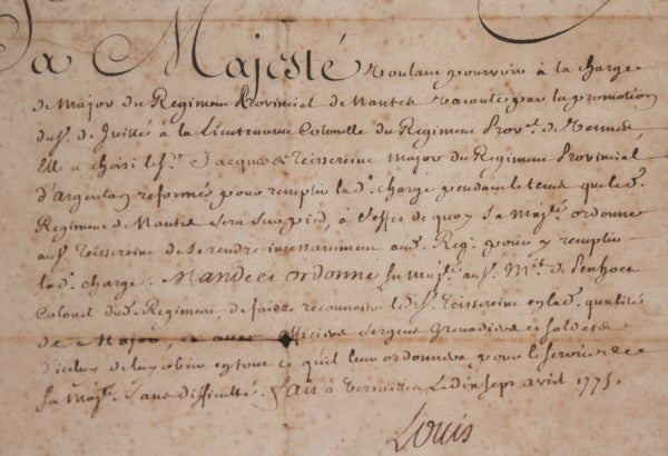 1775 France Versailles nomination Louis XVI major Régiment Provincial