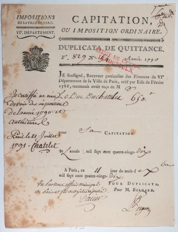 1791 Paris Révolution autographe Duc Du Chatelet (guillotiné)