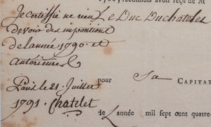 1791 Paris Révolution autographe Duc Du Chatelet (guillotiné)