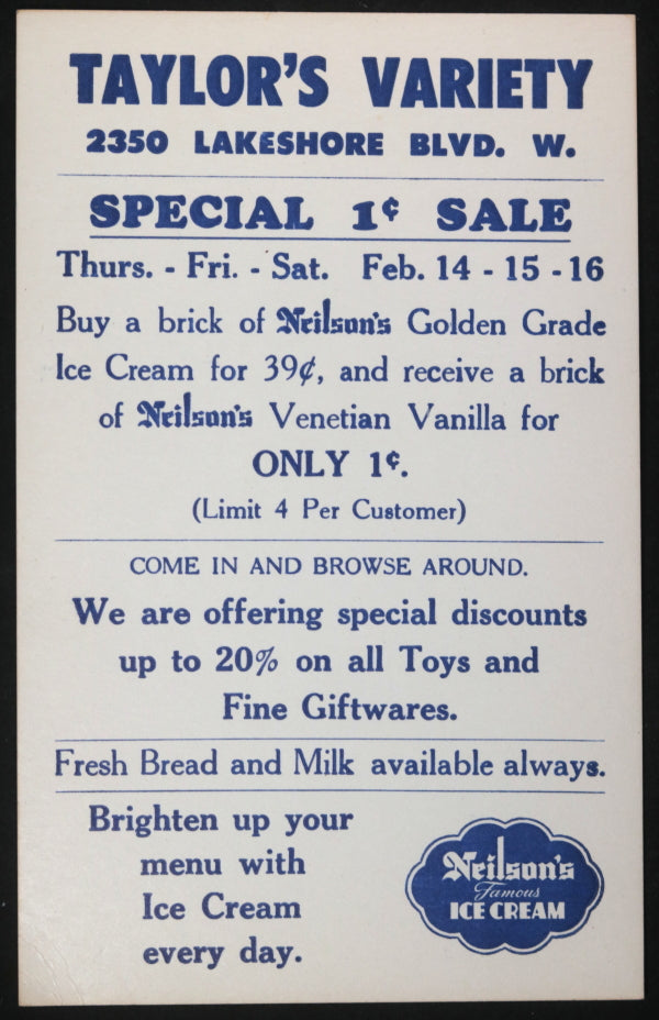1963 Canada Toronto advertising Neilson's Ice Cream, Taylor's Variety