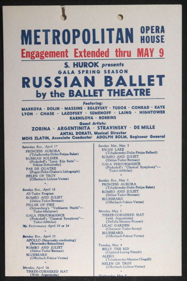1943 USA Metropolitan Opera house – schedule Russian Ballet