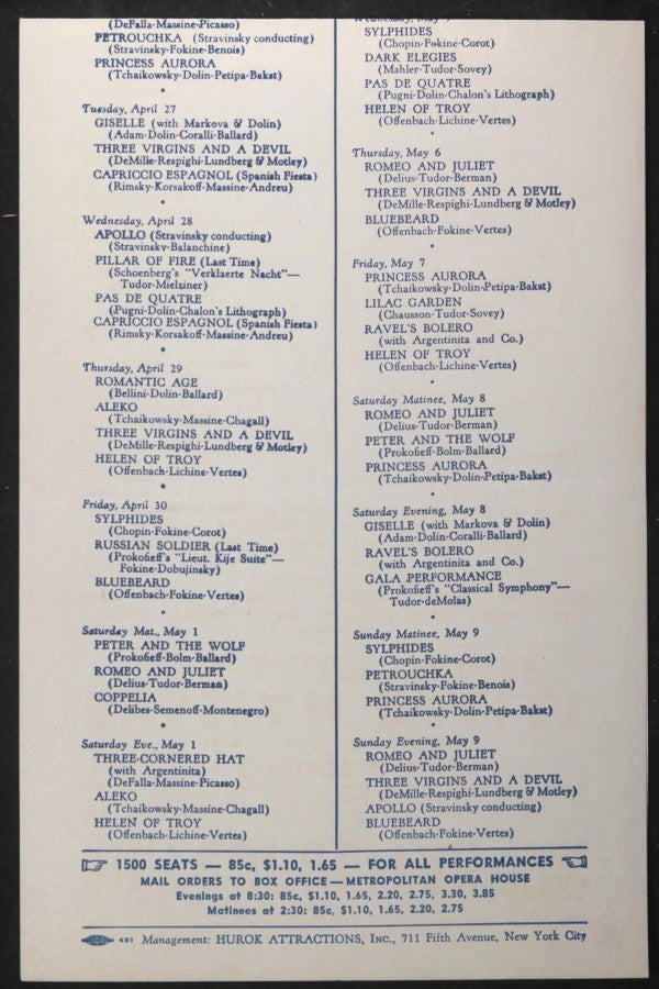 1943 USA Metropolitan Opera house – schedule Russian Ballet