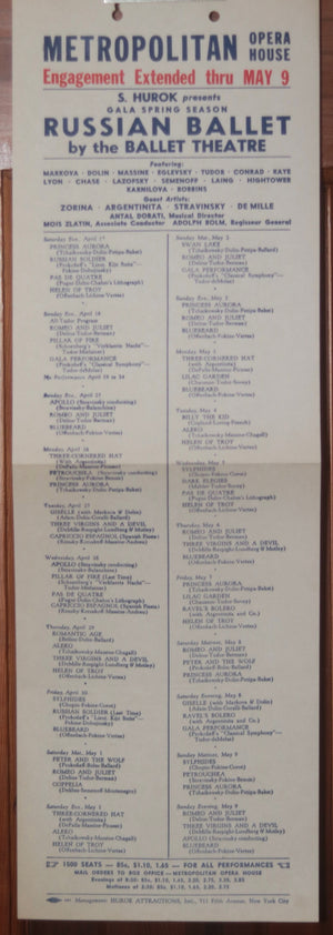 1943 USA Metropolitan Opera house – schedule Russian Ballet