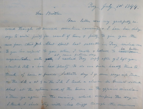 1844 USA Troy NY letter sister to brother in Guilford Center NY