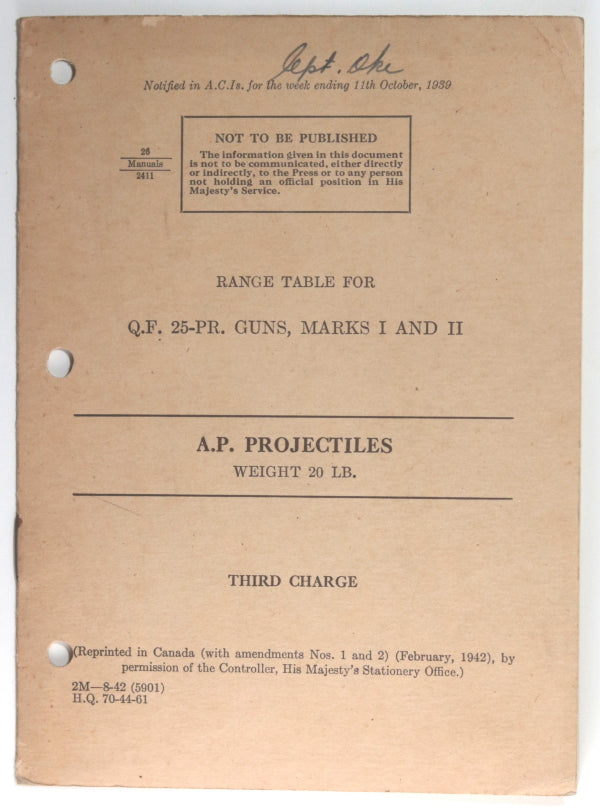 1942-43 Canada WW2 military pamphlet range table for A.P. Projectiles