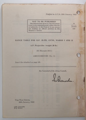 1942-43 Canada WW2 military pamphlet range table for A.P. Projectiles