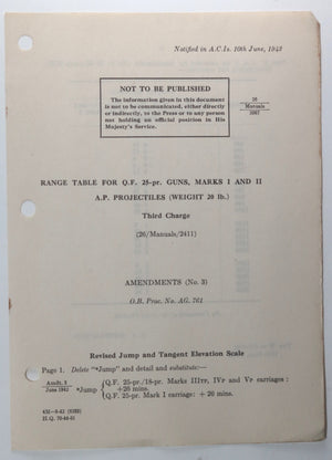 1942-43 Canada WW2 military pamphlet range table for A.P. Projectiles