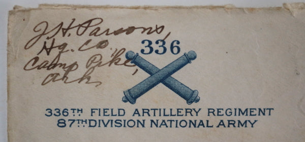 1918 USA WW1 soldier letter 336th Field Artillery Camp Pike AK