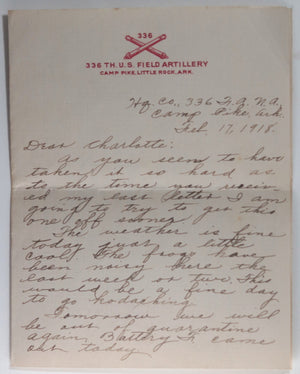 1918 USA WW1 soldier letter 336th Field Artillery Camp Pike AK