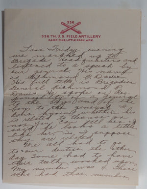 1918 USA WW1 soldier letter 336th Field Artillery Camp Pike AK