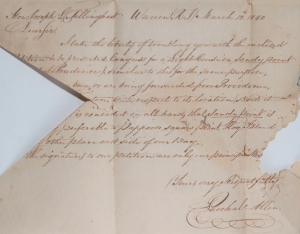 1840 USA letter Warren RI to Congressman Tillinghast in D.C.
