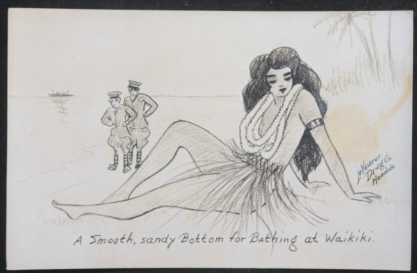 USA Hawaii humorous postcard promoting Waikiki beach (WW2?)