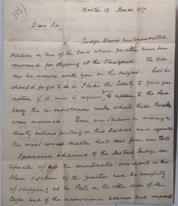 1817 USA letter Boston lawyer to Supreme Ct. Judge Story in Washington