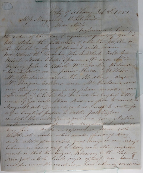 1851 USA letter from Albany to Turin NY, brewery, Sunday school