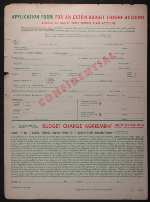 c. 1950s Canada Eaton’s Order Form and Charge Account Application (Qt. 2)