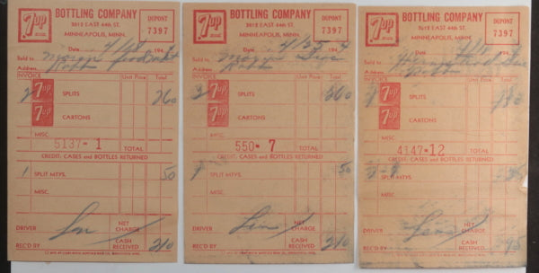 1944 USA set of seven (7) Seven-Up invoices/credits Minneapolis MN