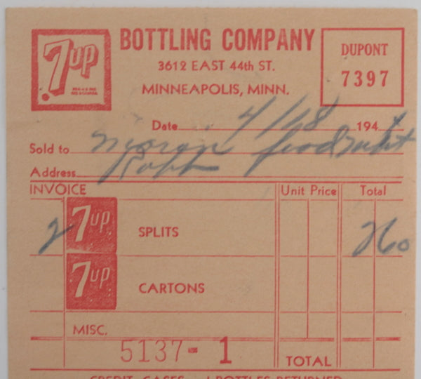 1944 USA set of seven (7) Seven-Up invoices/credits Minneapolis MN